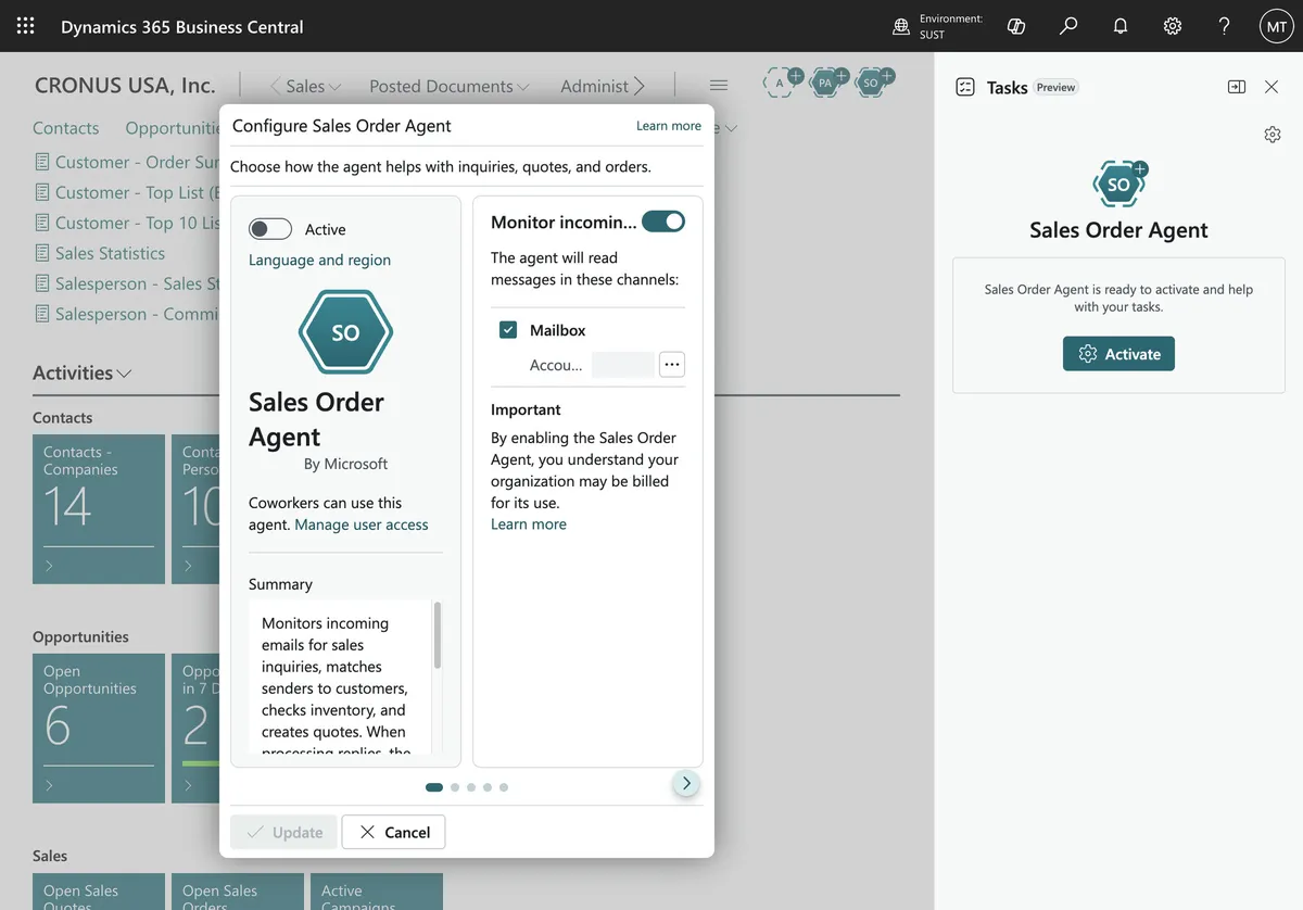Configure Sales Order Agent dialog in Business Central