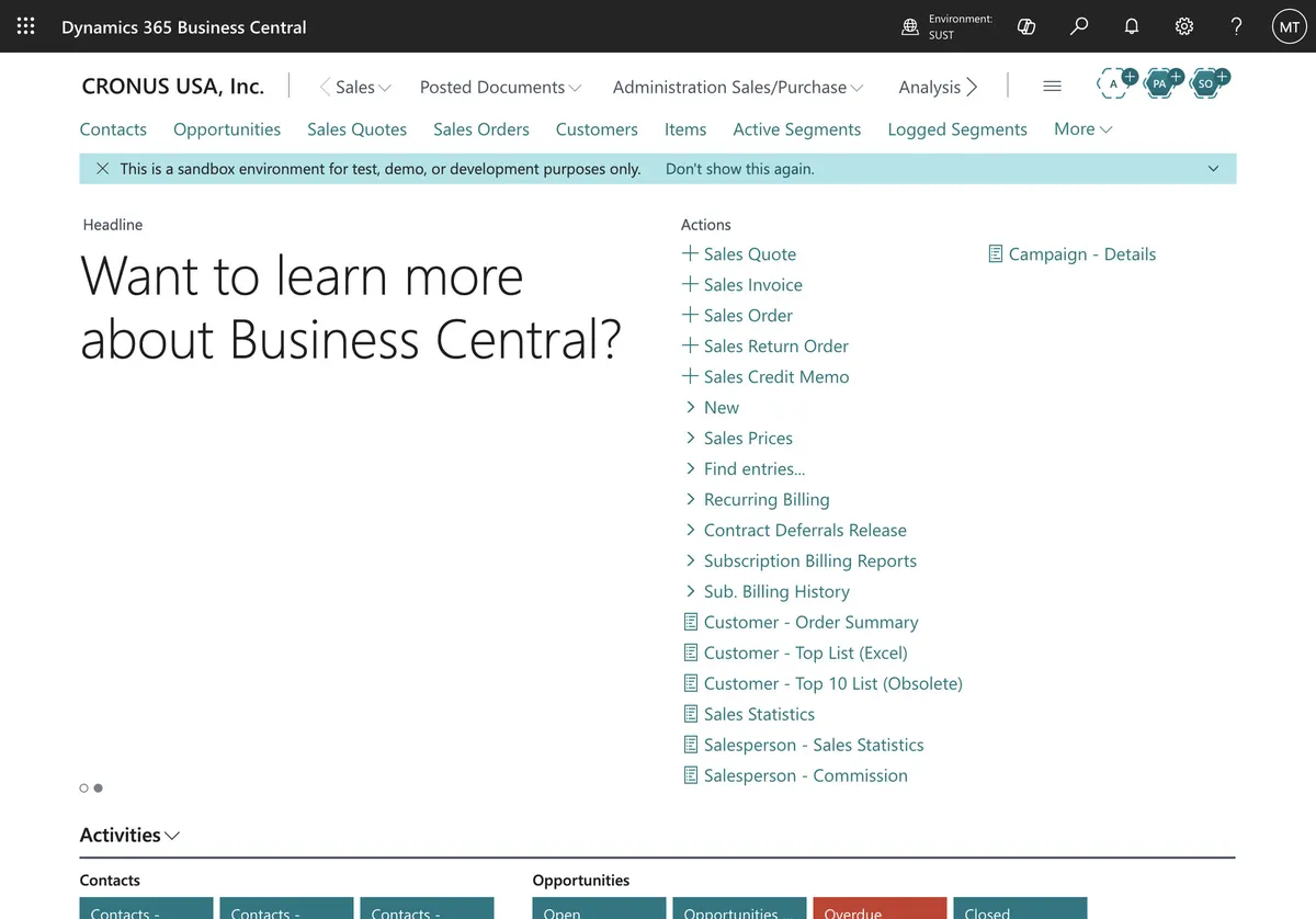 Business Central Role Center with sales actions and headline