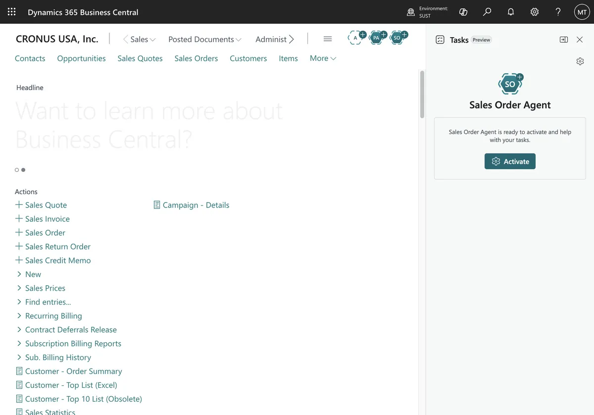 Sales Order Agent ready to activate in the Business Central Tasks pane