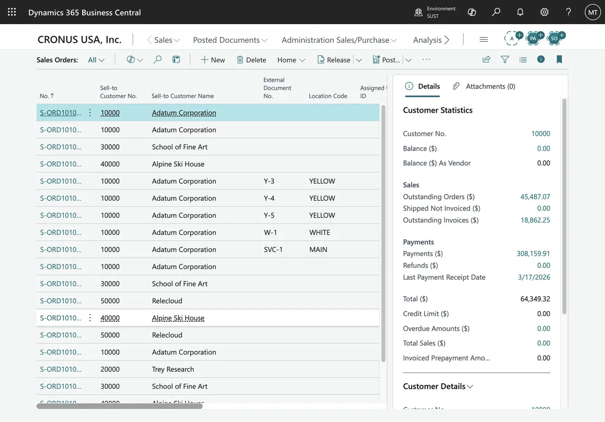 Sales Orders list with customer statistics in Business Central