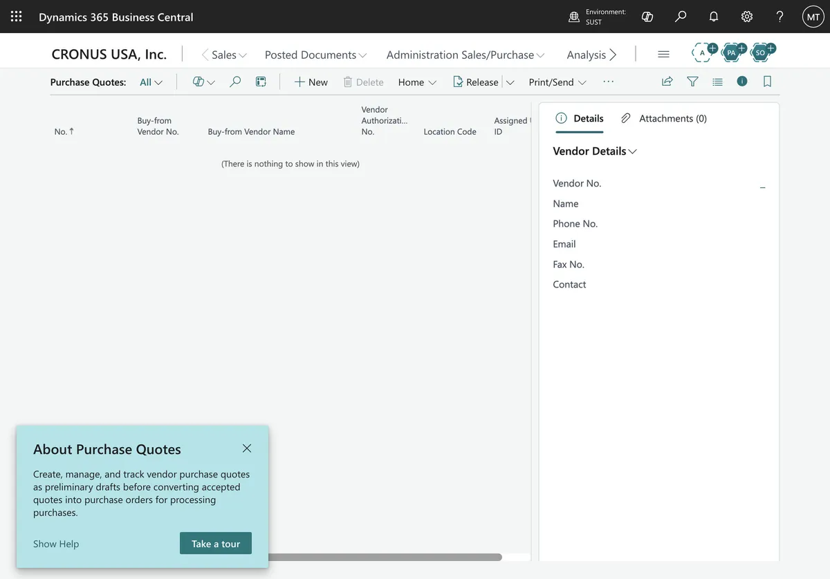 Purchase Quotes list in Business Central with the in-app help tip