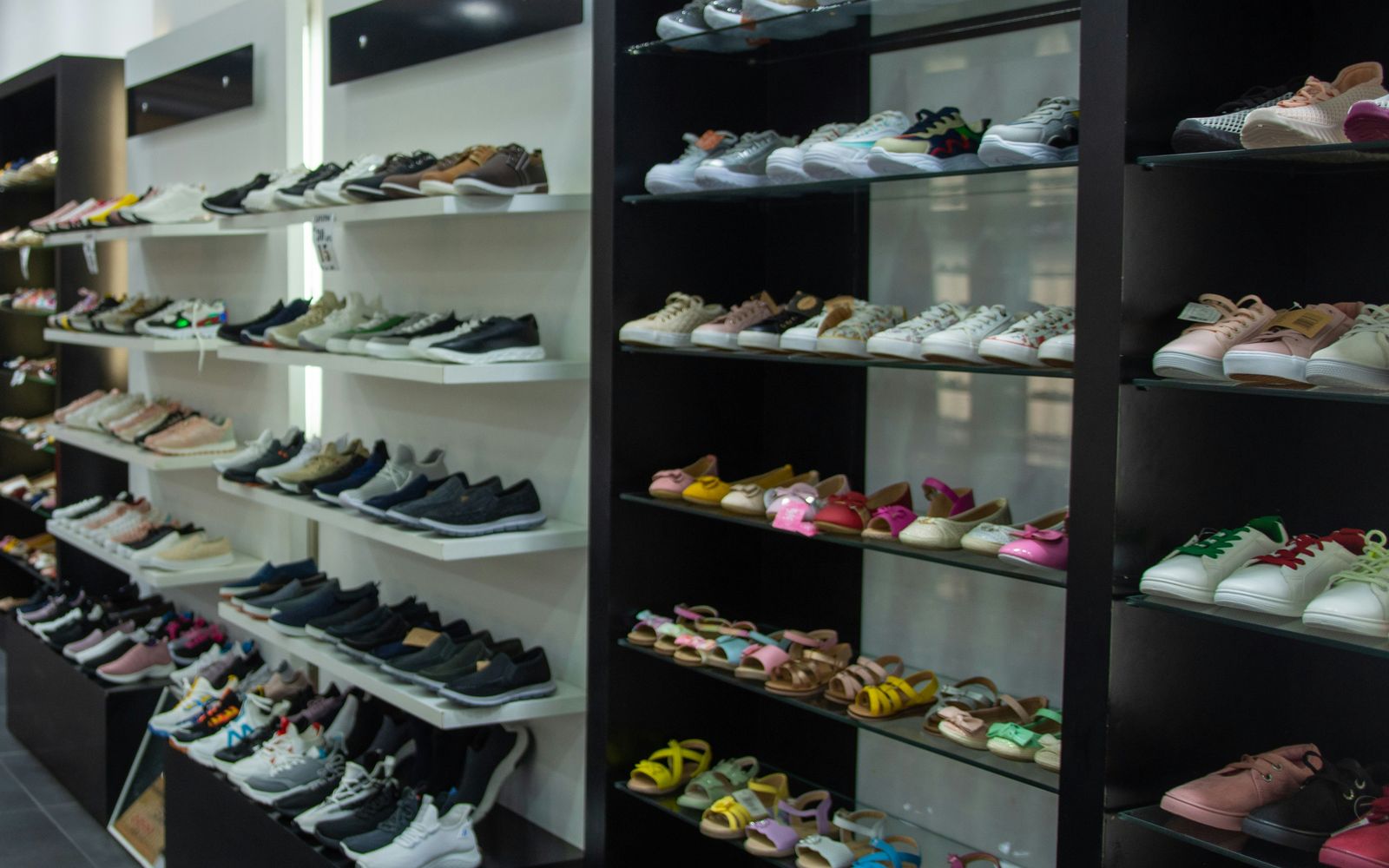 A shoe store with sports shoes on wall shelving